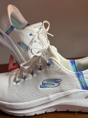Skechers Women's White Athletic Sneakers with Blue Accents